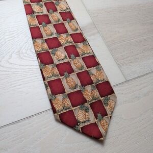 Tommy Bahama Tie Necktie Pineapple Red Yellow 100% Silk Mens Beach Resortwear